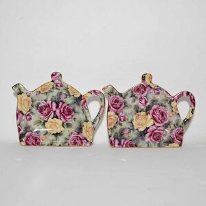 2 Porcelain Floral Tea Bag Holders Pink Yellow Roses